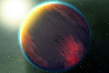 Unusual exoplanet of red color with the sun in the corner.  Elements of this image were furnished by NASA