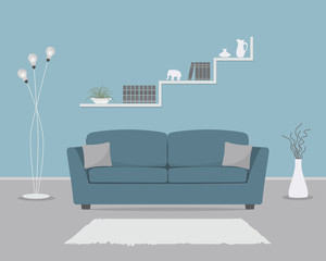Blue living room with sofa and floor lamp. There are also shelves with books and home decor, a vase with decorative branches in the picture. Vector flat illustration. © irynaalex