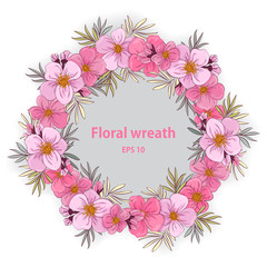 a large garland of pink flowers and twigs.A wreath of pink flowers. Summer wreath. Frame round of flowers. Background for wishes. EPS 10