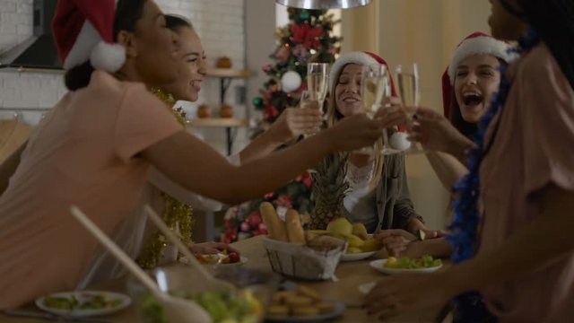 Cheers! 5 Women friends at a Christmas dinner. group of 5 people of mixed race 4K