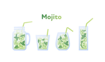 Vector modern flat mojito cocktail illustration set. Green color glass with classical mohito drink with text isolated on white. Design element for alcoholic beverage menu, ad, restaurant, cafe.