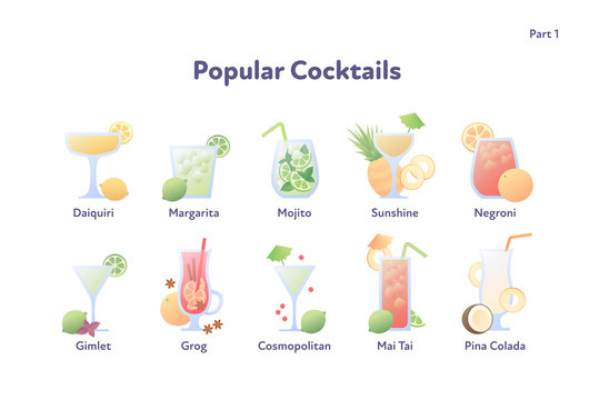Vector modern flat cocktail illustration set. Collection of colorful fashion alcoholic cocktails in glasses icons isolated on white background. Design element for menu, bar, restaurant, poster, banner