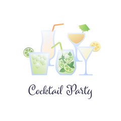 Vector modern flat cocktail party banner illustration template. Set of color alcoholic cocktails in glasses icons isolated on white background. Design element for menu, bar, restaurant, poster, banner