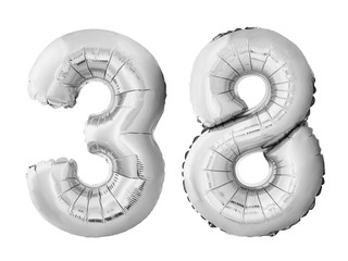 Number 38 thirty eight made of silver inflatable balloons isolated on white background. Chrome silver helium balloons forming 38 thirty eight. Birthday concept