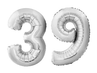 Number 39 thirty nine made of silver inflatable balloons isolated on white background. Chrome silver helium balloons forming 39 thirty nine. Birthday concept