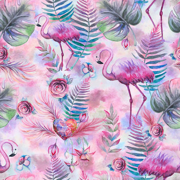 Tropical seamless floral pattern with watercolor palm leaves, flowers and pink flamingo. Purple, pink and green texture. Floral mix artwork