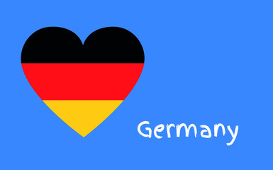 National flag of the Federal Republic of Germany in the shape of a heart with white text on a blue background, vector icon greeting card with copy space.