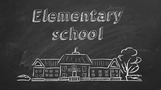 School building  and lettering Elementary school on blackboard. Hand drawn sketch.