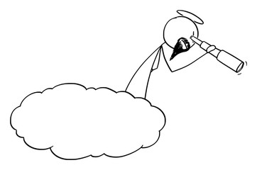 Vector cartoon stick figure drawing conceptual illustration of god looking down through spyglass, field glass or telescope from cloud representing heaven.