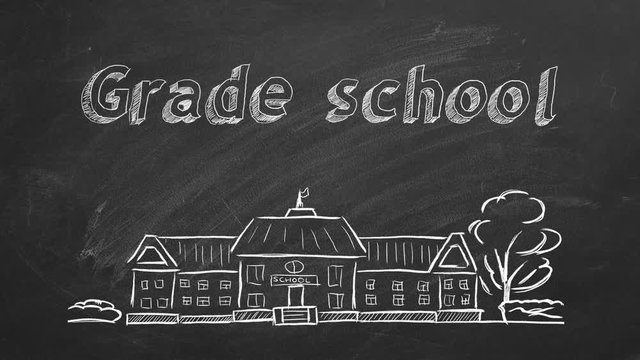 School building  and lettering Grade school on blackboard. Hand drawn sketch.