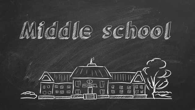 School building  and lettering Middle school on blackboard. Hand drawn sketch.