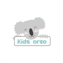 Cute flat happy grey koala logo with a nameplate 