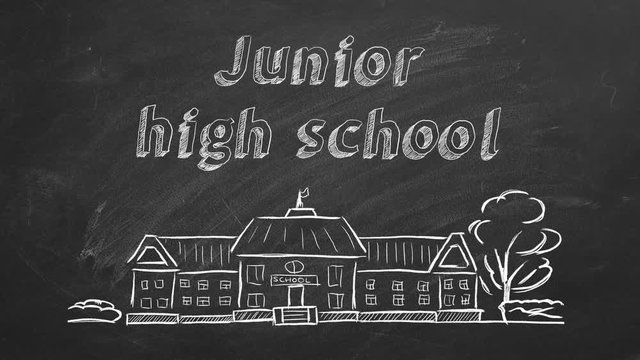 School building  and lettering Junior high school on blackboard. Hand drawn sketch.