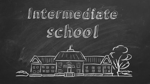 School building  and lettering Intermediate school on blackboard. Hand drawn sketch.