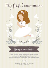 My first communion girl. beautiful girl with communion dress and flower frame