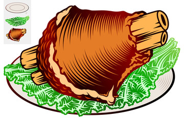 Pork knuckle and leaf lettuce on a plate. Traditional bavarian snack at beer festival Oktoberfest. Food of german cuisine. Vector hand drawn illustration in retro inked engraved style for bar or pub.