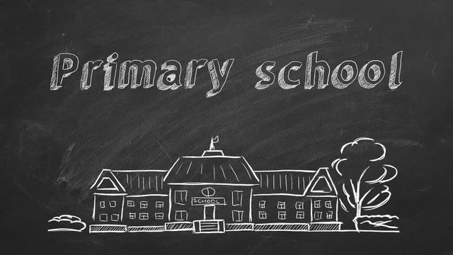 School building  and lettering Primary school on blackboard. Hand drawn sketch.