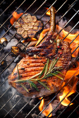 Grilled bone-in pork chop, pork steak, tomahawk in a rosemary-garlic marinade  on a flaming grill...