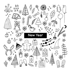 Big set of New Year and Xmas icons. Cute hand drawn vector illustration. Winter elements  for greeting cards, posters, stickers and seasonal design.  Isolated on white background