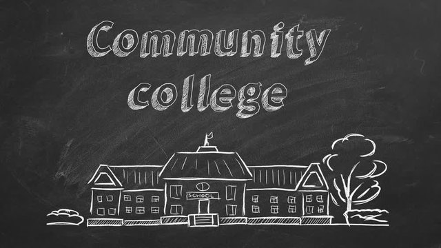 School building  and lettering Community college on blackboard. Hand drawn sketch.