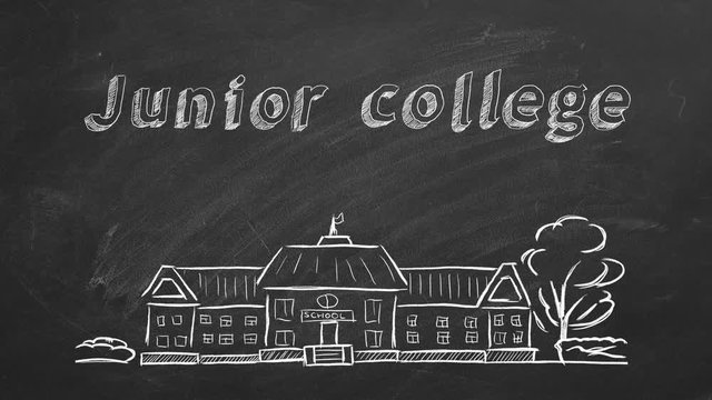 School building  and lettering Junior college on blackboard. Hand drawn sketch.