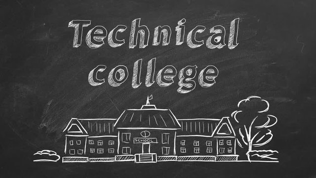 School building  and lettering Technical college on blackboard. Hand drawn sketch.