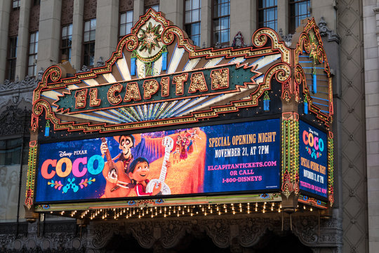 OCT 17 2017 - LOS ANGELES CALIFORNIA: The famous El Capitan theater in Hollywood Boulevard, in Los Angeles. Sign is advertising Pixar's Coco movie.