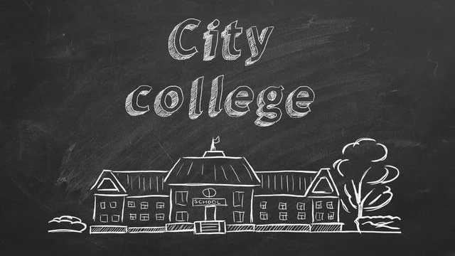 School building  and lettering City college on blackboard. Hand drawn sketch.