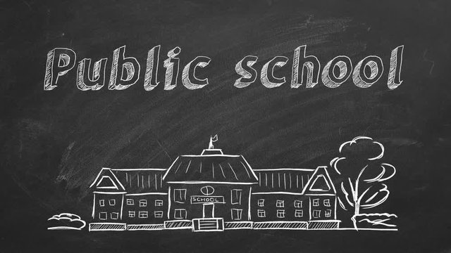 School building  and lettering Public school on blackboard. Hand drawn sketch.