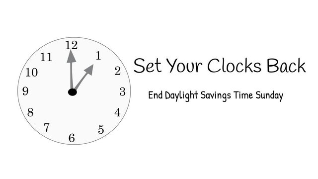 Illustrated clock with message fall back to end daylight savings time on white.