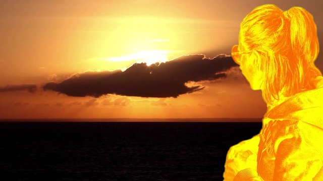 Cinemagraph sea sunset wallpaper with orange stylized girl watching the sunset and awesome cloudy sky