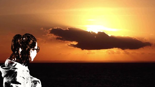 Cinemagraph sea sunset wallpaper with stylized girl watching the sunset and beautiful cloudy sky