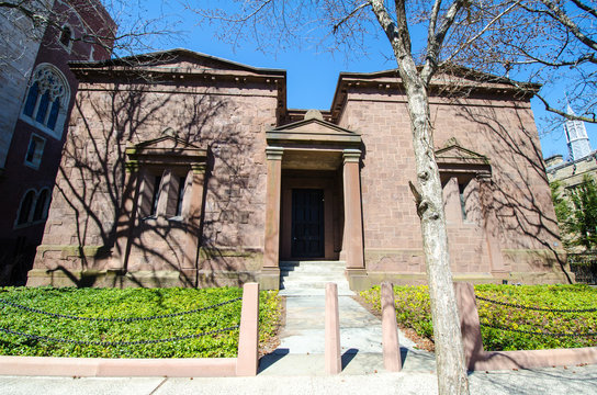New Haven, Connecticut - April 1, 2019: Exterior of the Skull and Bones secret student society on the Yale University campus