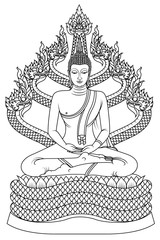 Protected by the Naga King (Pang Nak Prok) The Saturday Buddha image is sitting in a full lotus position in meditation on the coiled body of the naga Muchalinda that used its head as a cover against - obrazy, fototapety, plakaty