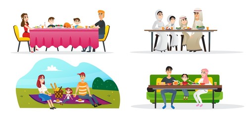 Obraz premium Set Collection Family Lunch in Different Cultures.