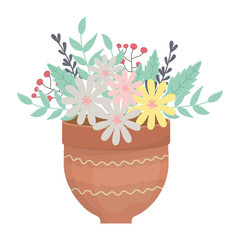 Flowers and leaves inside pot vector design