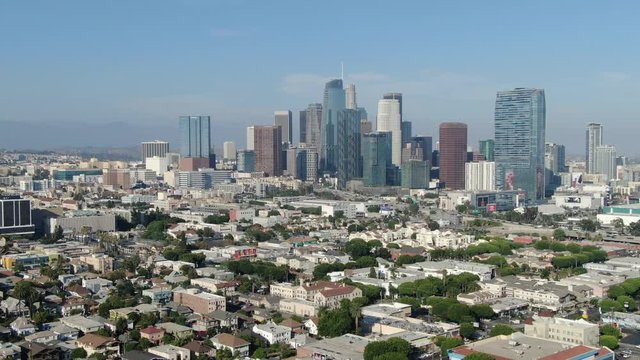 Los Angeles Downtown from Pico Union Aerial Shot Backward