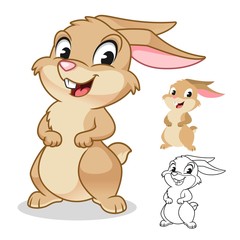 Happy Rabbit Cartoon Character Design, Including Flat and Line Art Designs, Vector Illustration, in Isolated White Background.