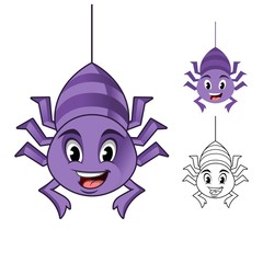 Adorable Spider Hanging on The Cobweb Thread Cartoon Character Design, Including Flat and Line Art Designs, Vector Illustration, in Isolated White Background.