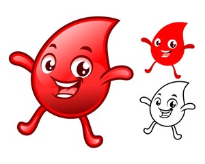 Happy Bood Drop Cartoon Character Design, Including Flat and Line Art Designs, Vector Illustration, in Isolated White Background.