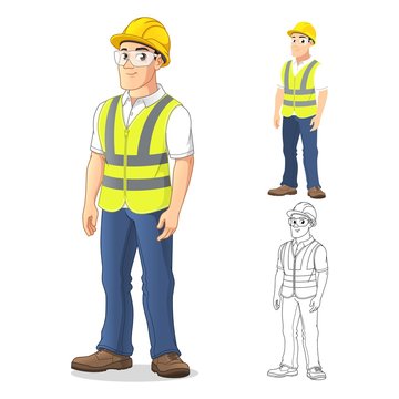 Man with Safety Gear Standing Straight, with His Arms by His Side, Cartoon Character Design, Including Flat and Line Art Designs, Vector Illustration, in Isolated White Background.