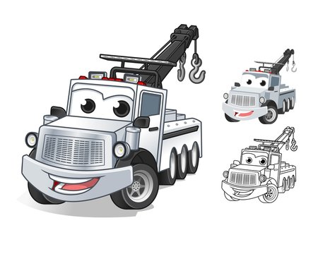 Happy Tow Truck Cartoon Character Design, Including Flat and Line Art Designs, Vector Illustration, in Isolated White Background.