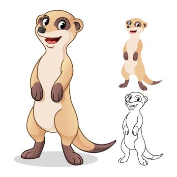 Happy Meerkat Cartoon Character Design, Including Flat and Line Art Designs, Vector Illustration, in Isolated White Background.