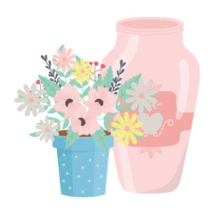 Flowers and leaves inside pot vector design