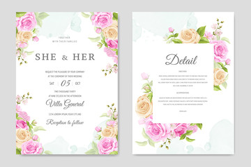 wedding invitation card with beautiful floral and leaves