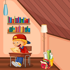 Kid doing homework in room with bag and books