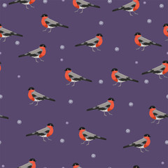 Seamless pattern with bullfinches birds . Vector graphics.