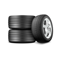 Vector 3d Realistic Render Car Wheel Icon Closeup Isolated on White Background. Design Template of New Tires with Alloy Rims Front and Side View