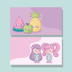 group cute little girls with fruits kawaii style