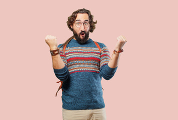 young hippie man victory sign